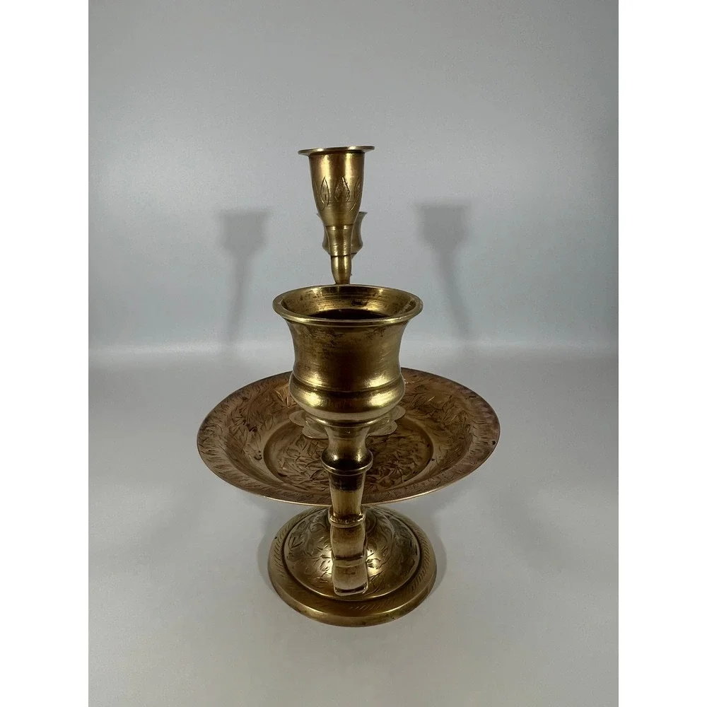 Vintage Etched Brass 3 Arm‎ Candelabra Centerpiece India 9.5 Inch